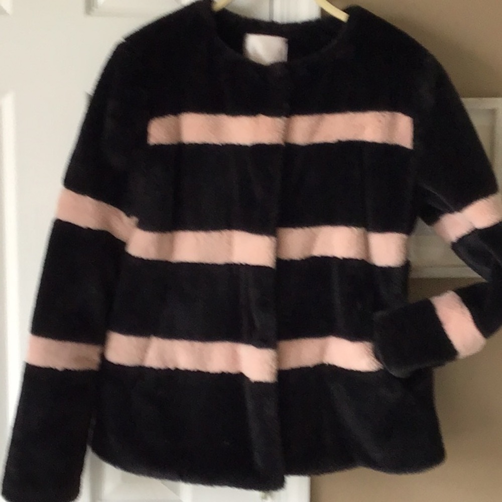 Chic Black and Pink Striped Faux Fur Jacket